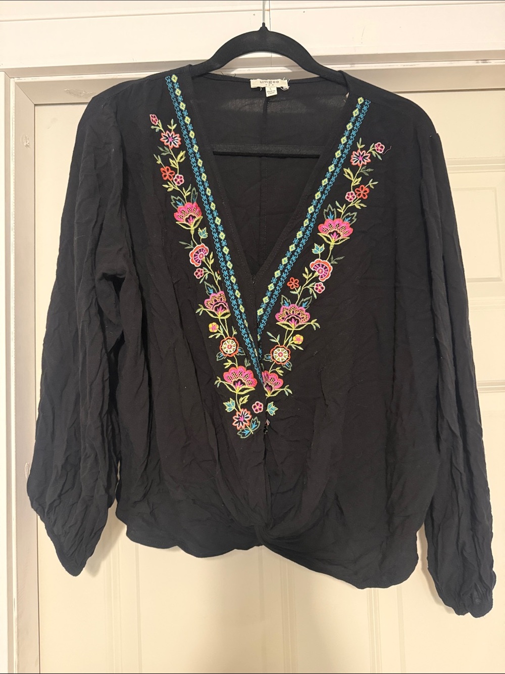 Umgee Black V-Neck Blouse with Pink & Green Floral Embroidery